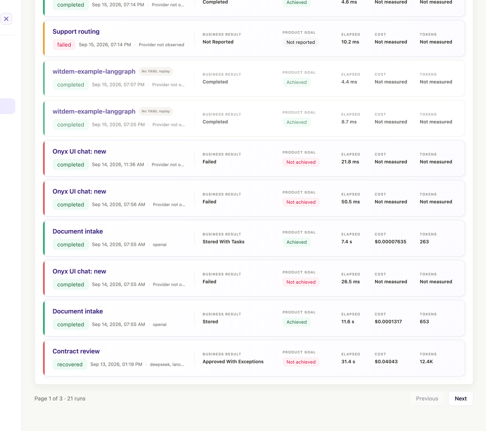 All executions list showing Document intake runs with Stored With Tasks and Stored outcomes